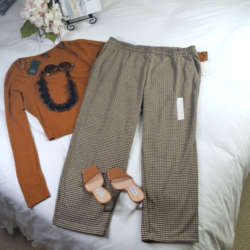 Houndstooth Elastic Waist Women's Trousers - Brown